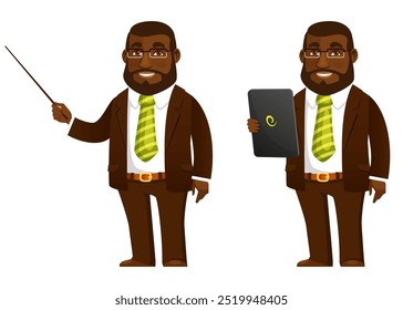 funny cartoon character of an African American businessman, teacher or lawyer wearing brown suit and glasses. Cheerful black man smiling, holding a tablet or a pointer. Isolated on white.