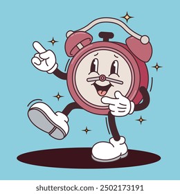 Funny cartoon character of Alarm Clock Pointing. Can be used as Sticker, posters, prints. The comic elements in trendy retro cartoon style. Vector illustration