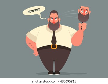 Funny Cartoon Character. Angry Boss Holding Cute Mask. Vector Illustration