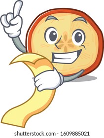 A funny cartoon character of apple chips with a menu
