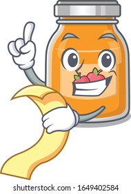 Un divertido personaje de caricatura de jamón de manzana sosteniendo un menú
