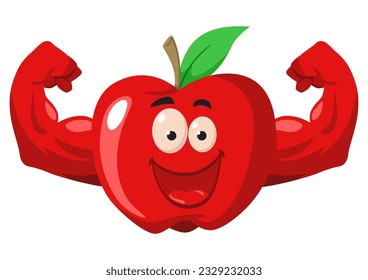 Funny cartoon character of an apple with muscular hands, vector illustration