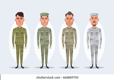 Funny Cartoon Character - Army Soldiers in Different Uniforms. Vector Set