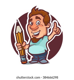 funny cartoon character, artist with pencil, vector illustration, for your design, isolated