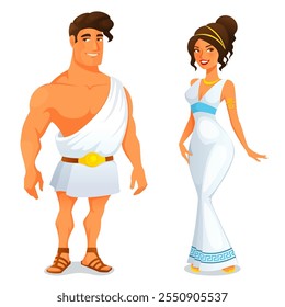 funny cartoon character of an athletic Greek or Roman man from ancient times and his beautiful lady in elegant dress. Greek hero Heracles and Goddess of love and beauty Aphrodite. Isolated on white.