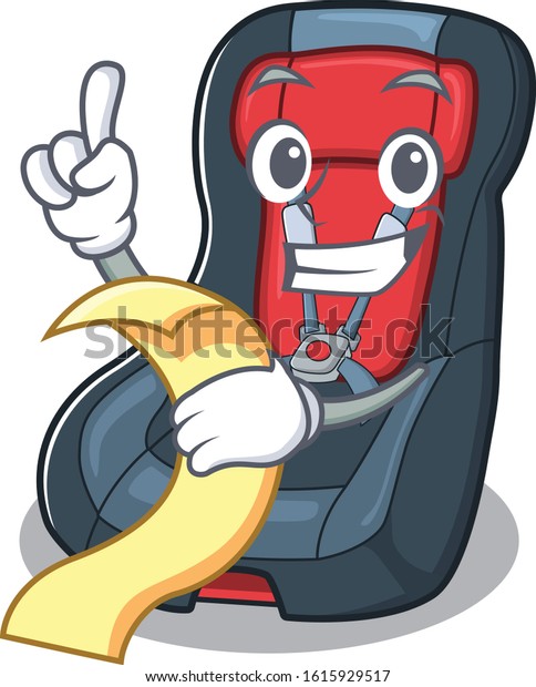 A\
funny cartoon character of baby car seat with a\
menu