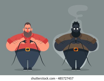 Funny Cartoon Character. Bad Electrician Before And After Connecting The Wire. Vector Illustration