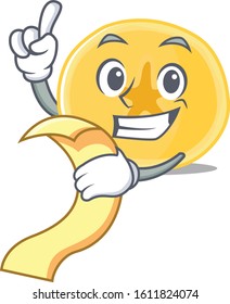 A funny cartoon character of banana chips with a menu