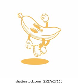 Funny cartoon character of banana. Fruits, groovy, retro, vintage, logo, mascot, vector, sticker, coloring book