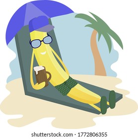 Funny cartoon character.  Banana resting, sunbathing, lying under a palm tree, in a swimsuit and sunglasses. Summer season. Vector illustration