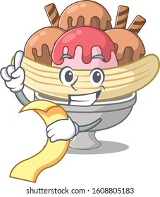 A funny cartoon character of banana split with a menu