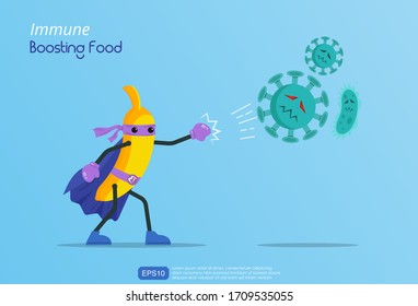 Funny cartoon character of banana superhero fight against outbreak viruses and bacteria. Power of immune boosting food concept to fight disease. vector illustration