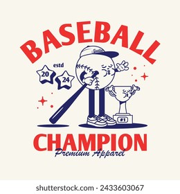 Funny cartoon character of baseball. Can be used as Sticker, posters, prints. Retro cartoon style. Vector illustration