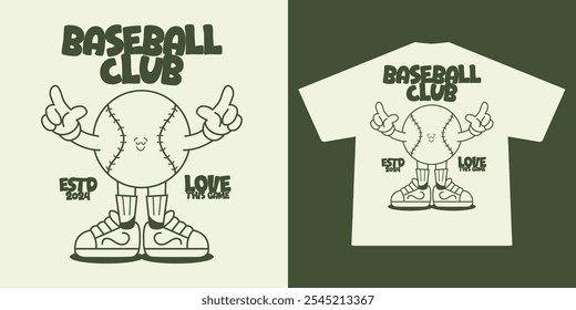 Funny cartoon character of baseball. Can be used as Sticker, posters, prints. Retro cartoon style. Vector illustration	