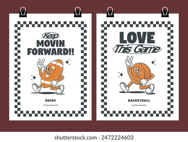 Funny cartoon character of Basket and rugby. Can be used as Sticker, posters, prints. Retro cartoon style. Vector illustration