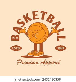 Funny cartoon character of basketball. Can be used as Sticker, posters, prints. Retro cartoon style. Vector illustration