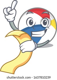 A funny cartoon character of beach ball holding a menu