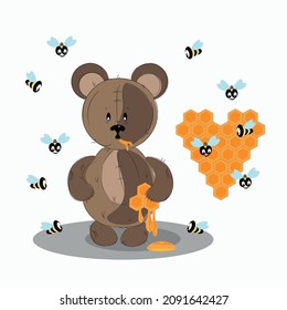 Funny cartoon character bear, bees and honey in a honeycomb in the form of a heart. Vector drawing.