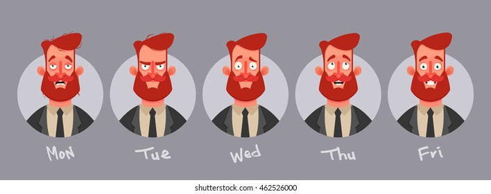 Funny Cartoon Character. Bearded Businessman's Emotions from Monday to Friday. Vector Illustration