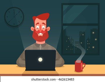 Funny Cartoon Character. Bearded Hipster Sitting in the Room and Working with Laptop. Vector Illustration