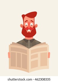 Funny Cartoon Character. Bearded Man Reading Newspaper. Vector Illustration