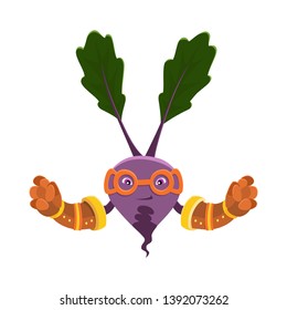 Funny cartoon character beet vegetable in superhero costume. Concept of healthy diet, natural vegetarian organic products. Cute food vegetable beet in mask and gloves. Vector illustration.