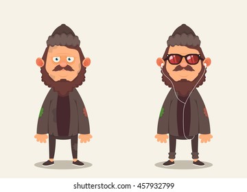 Funny Cartoon Character: Beggar and Hipster. Vector Illustration