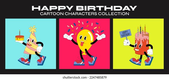 Funny cartoon character Birthday. fashion poster. Vector illustration of cake, gel balloon, cap in 90s style. Set of comic elements in trendy retro cartoon style.