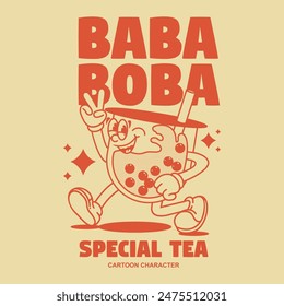 Funny cartoon character of boba tea. Can be used as Sticker, posters, prints. Retro cartoon style. Vector illustration