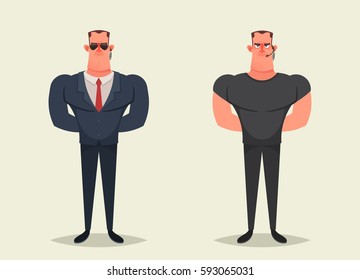 Funny Cartoon Character - Bodyguard (Security). Vector Illustration