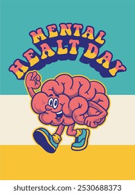 Funny cartoon character of Brain. Can be used as Sticker, posters, prints. The comic elements in trendy retro cartoon style. Vector illustration. Mental healt day poster