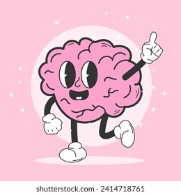 Funny cartoon character brain. Retro cartoon. Can be used as a poster, sticker. Vintage style. Emotions.