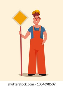 Funny Cartoon Character. Builder with Road Sign. Vector Illustration