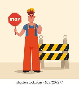 Funny Cartoon Character. Builder with Stop Sign Standing Near the Barrier. Vector Illustration