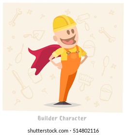 funny cartoon character builder is in a yellow hard hat and red cape superhero. Doodles on the background of building tools
