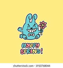 Funny cartoon character Bunny with flower and inscription: Happy Spring. Vector illustration in doodle style isolated on yellow background.