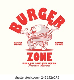 Funny cartoon character of burger. Can be used as Sticker, posters, prints. Retro cartoon style. Vector illustration