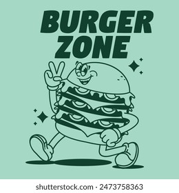 Funny cartoon character of burger. Can be used as Sticker, posters, prints. Retro cartoon style. Vector illustration