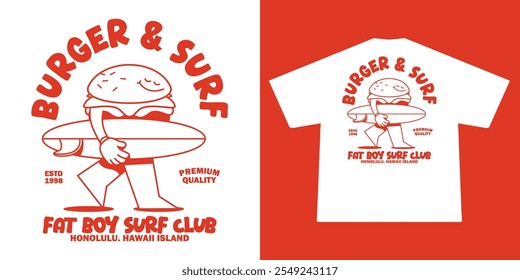  Funny cartoon character of burger and surf. Can be used as Sticker, posters, prints. Retro cartoon style. Vector illustration