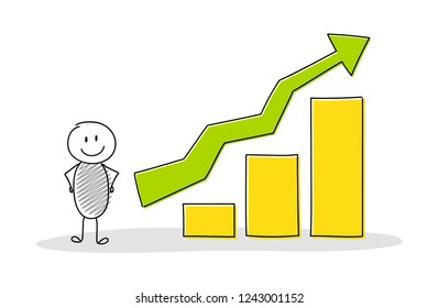 Funny cartoon character with business chart. Vector.