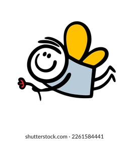 Funny cartoon character with butterfly wings flying abovewith flower. Vector illustration of stickman in costume.