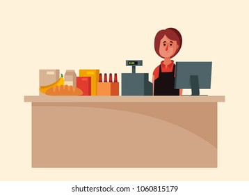 Funny Cartoon Character. Cashier at Workplace. Vector Illustration