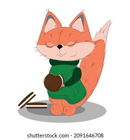 Funny cartoon character chanterelle in a green sweater eats cookies. Vector drawing.