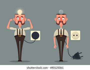 Funny Cartoon Character. Cheerful and Tired Office Workers. Light Bulbs (Ideas) in Their Heads. Vector Illustration