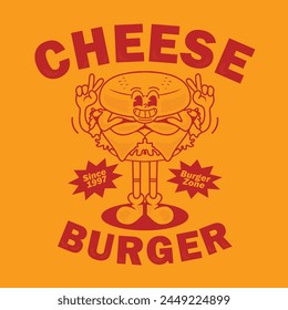 Funny cartoon character of cheese burger. Can be used as Sticker, posters, prints. Retro cartoon style. Vector illustration