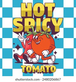 Funny cartoon character of chili and tomato. Can be used as Sticker, posters, prints. Retro cartoon style. Vector illustration