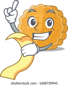 A funny cartoon character of chinese mooncake with a menu