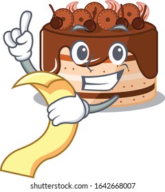 A funny cartoon character of chocolate cake holding a menu