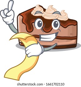 A funny cartoon character of chocolate cheesecake holding a menu