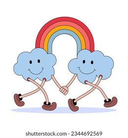 Frische Cartoon-Charakter Wolken mit Regenbogen. Zwillinge. Karte, Aufkleber, Plakate, Drucke. Skizze Vektorgrafik von Comic-Elementen im trendigen Retro-Cartoon-Stil.